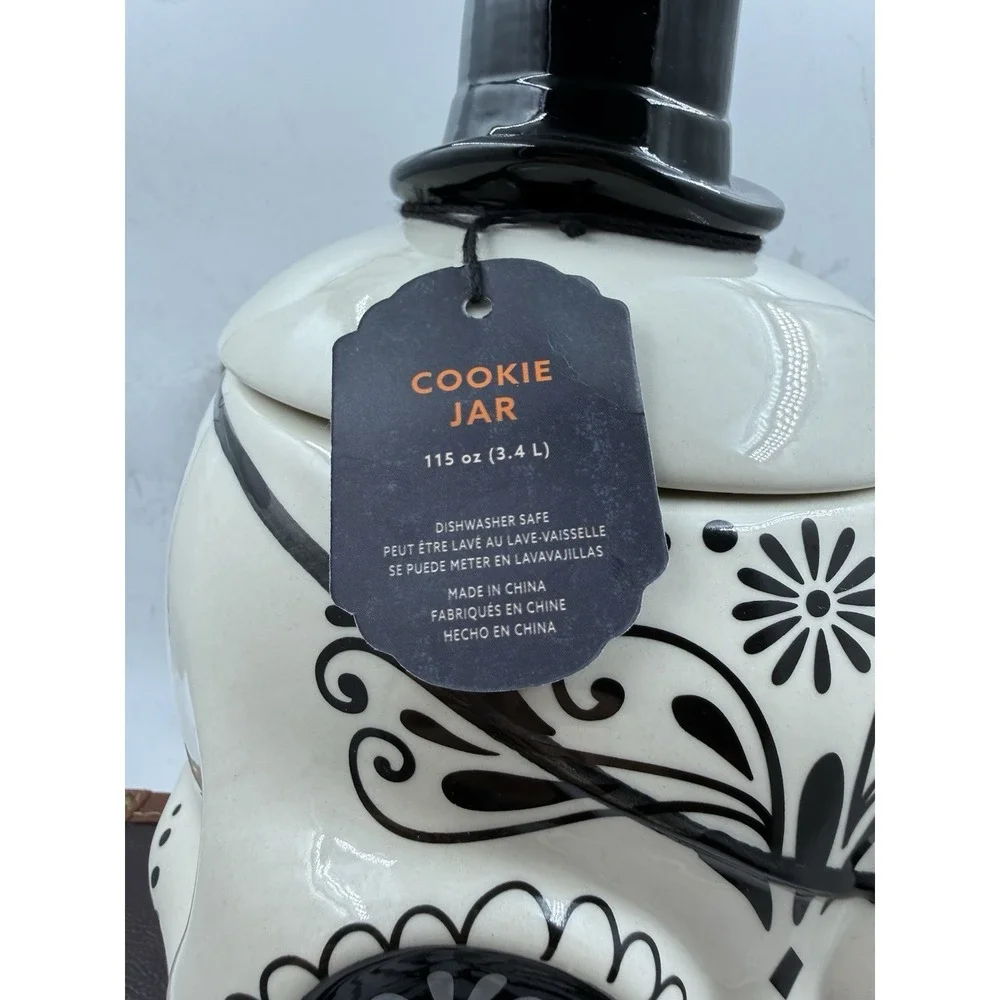 Halloween Sugar Skull with Top Hat, Tattoos, And Eye Patch  Ceramic Cookie Jar